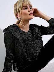 Oliver Bonas Black Metallic Frill Blouse - Image 1 of 8