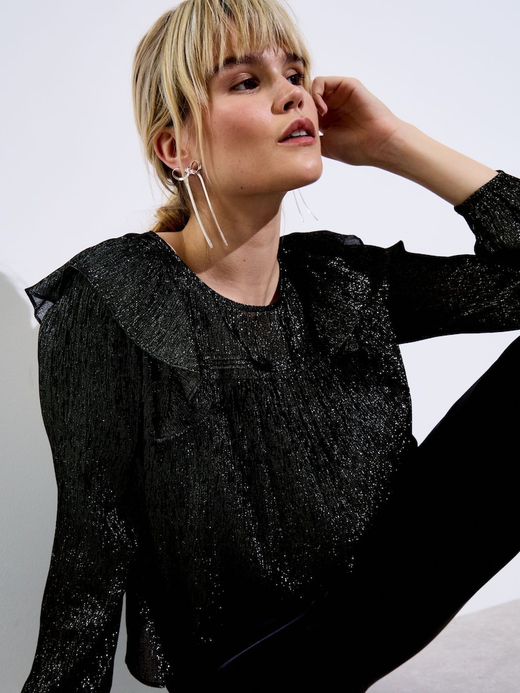 Oliver Bonas Black Metallic Frill Blouse - Image 1 of 8 Oliver Bonas Black Metallic Frill Blouse - Image 1 of 8