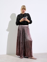 Oliver Bonas Pink Metallic Plisse Wide Leg Trousers - Image 1 of 8