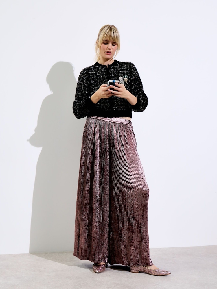 Oliver Bonas Pink Metallic Plisse Wide Leg Trousers - Image 1 of 8