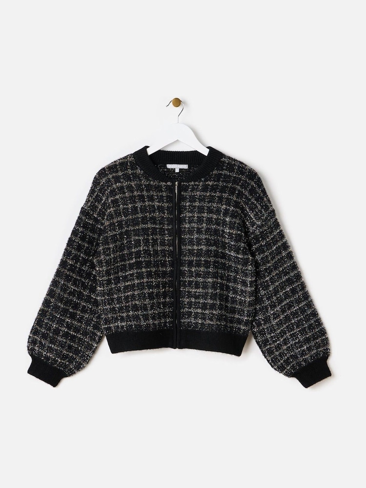 Oliver Bonas Black Sparkly Checked Bomber Jacket - Image 1 of 7