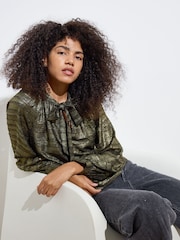 Oliver Bonas Gold Metallic Tie Neck Blouse - Image 1 of 8