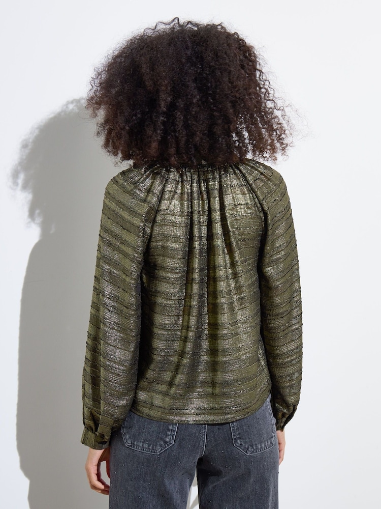 Oliver Bonas Gold Metallic Tie Neck Blouse - Image 2 of 8