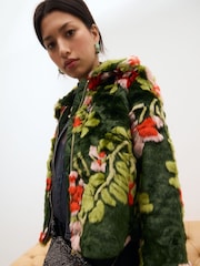 Oliver Bonas Green Floral Faux Fur Coat - Image 1 of 7