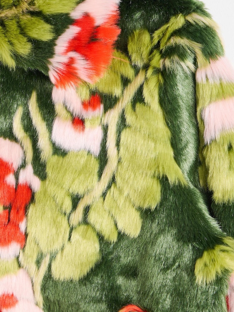 Oliver Bonas Green Floral Faux Fur Coat - Image 5 of 7