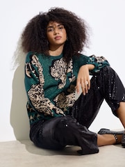 Oliver Bonas Green Sparkly Leopard Knitted Jumper - Image 1 of 8