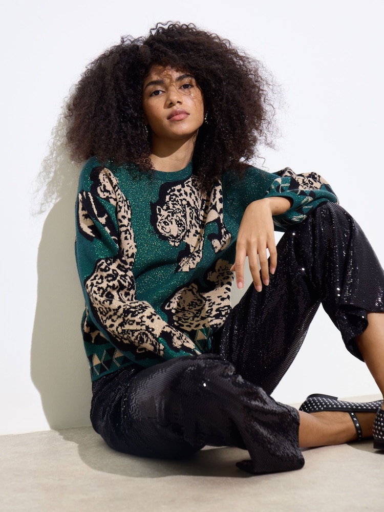 Oliver Bonas Green Sparkly Leopard Knitted Jumper - Image 1 of 8 Oliver Bonas Green Sparkly Leopard Knitted Jumper - Image 1 of 8