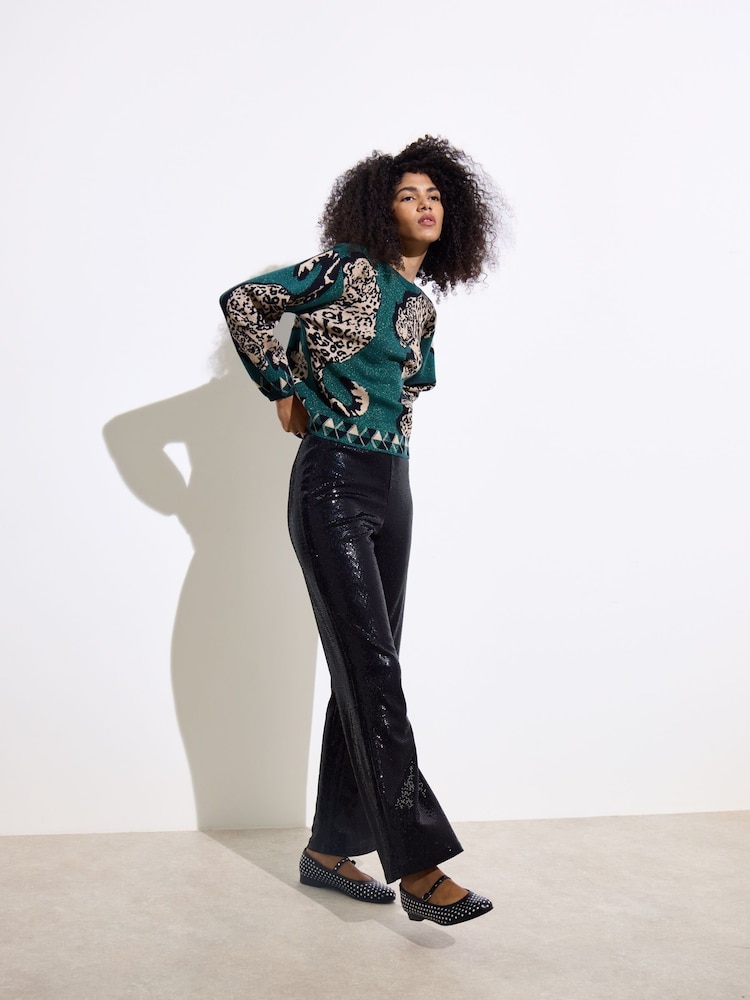 Oliver Bonas Green Sparkly Leopard Knitted Jumper - Image 2 of 8 Oliver Bonas Green Sparkly Leopard Knitted Jumper - Image 2 of 8