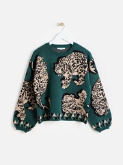 Oliver Bonas Green Sparkly Leopard Knitted Jumper - Image 4 of 8