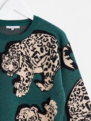 Oliver Bonas Green Sparkly Leopard Knitted Jumper - Image 6 of 8