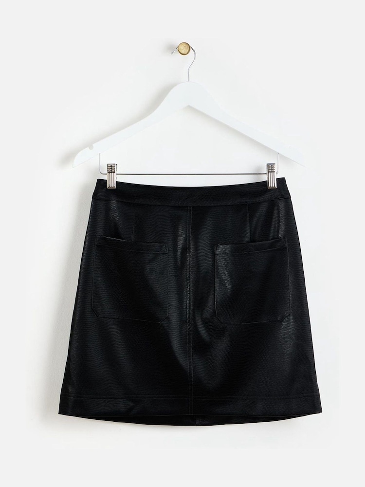 Oliver Bonas Black Snake Print Faux Leather Mini Skirt - Image 2 of 6