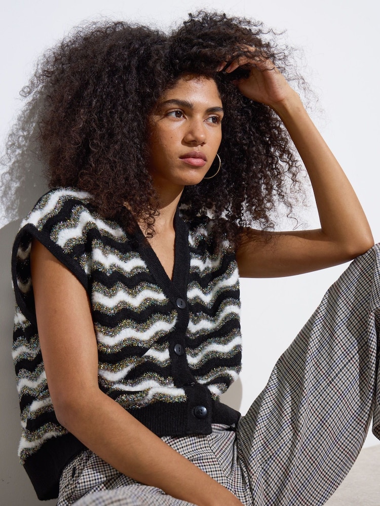 Oliver Bonas Black Tinsel Striped Knitted Waistcoat - Image 1 of 9