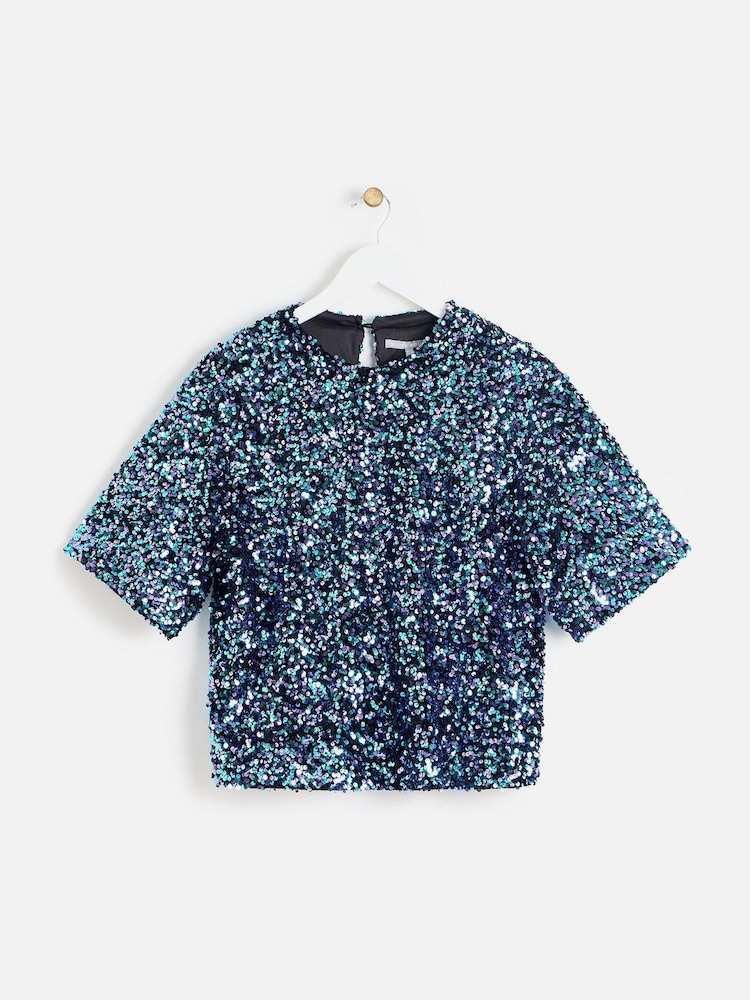 Oliver Bonas Blue Tonal Sequin T-Shirt - Image 1 of 6 Oliver Bonas Blue Tonal Sequin T-Shirt - Image 1 of 6