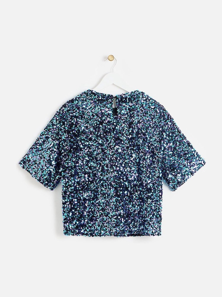 Oliver Bonas Blue Tonal Sequin T-Shirt - Image 2 of 6