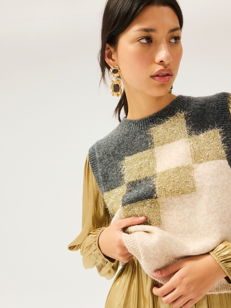 Oliver Bonas Brown Tinsel Geometric Knitted Vest - Image 1 of 6