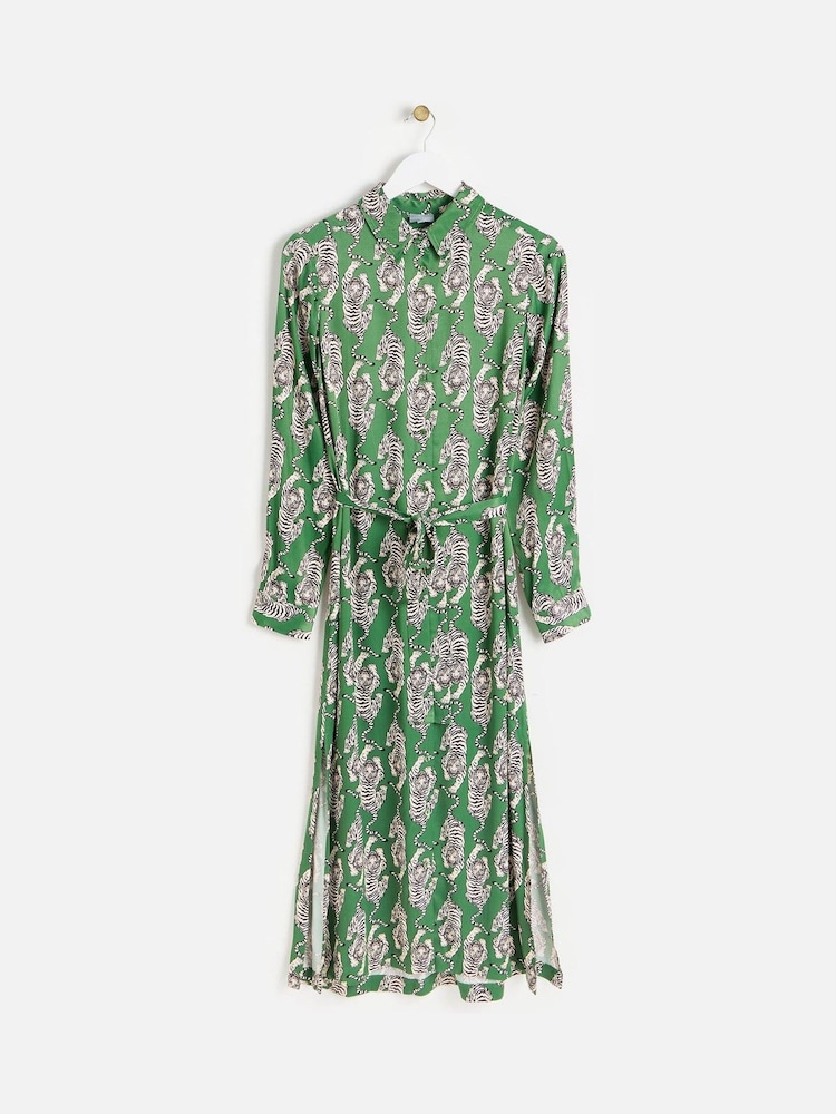 Oliver Bonas Green Tiger Print Satin Midi Shirt Dress - Image 1 of 6 Oliver Bonas Green Tiger Print Satin Midi Shirt Dress - Image 1 of 6