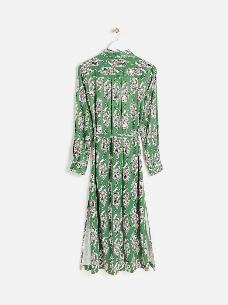 Oliver Bonas Green Tiger Print Satin Midi Shirt Dress - Image 2 of 6 Oliver Bonas Green Tiger Print Satin Midi Shirt Dress - Image 2 of 6