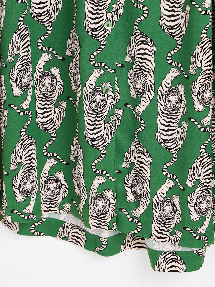 Oliver Bonas Green Tiger Print Satin Midi Shirt Dress - Image 6 of 6 Oliver Bonas Green Tiger Print Satin Midi Shirt Dress - Image 6 of 6