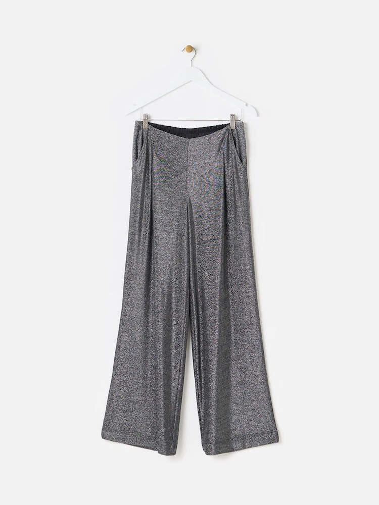 Oliver Bonas Silver Shimmer Metallic Wide Leg Trousers - Image 1 of 6