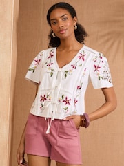 Love & Roses Ivory White Short Sleeve Embroidered Lace Insert Top - Image 1 of 4