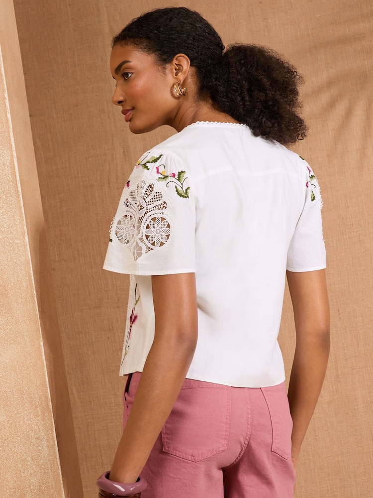 Love & Roses Ivory White Short Sleeve Embroidered Lace Insert Top - Image 4 of 4