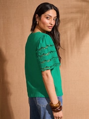 Verde - Love & Roses Scallop Crew Neck 100% Cotton T-Shirt - Imagen 1 de 4