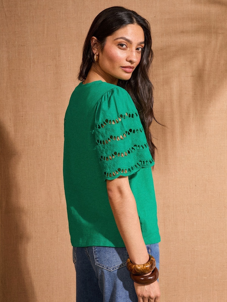 Verde - Love & Roses Scallop Crew Neck 100% Cotton T-Shirt - Imagen 1 de 4