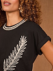 Love & Roses Black Embroidered Leaf Jersey T-Shirt - Image 2 of 4