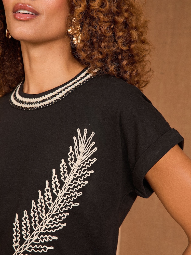 Love & Roses Black Embroidered Leaf Jersey T-Shirt - Image 2 of 4