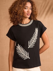 Love & Roses Black Embroidered Leaf Jersey T-Shirt - Image 3 of 4