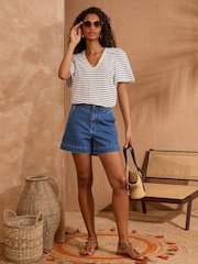 Love & Roses Navy Stripe 100% Cotton Embellished V-Neck T-Shirt - Image 2 of 4