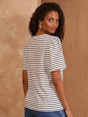 Love & Roses Navy Stripe 100% Cotton Embellished V-Neck T-Shirt - Image 4 of 4