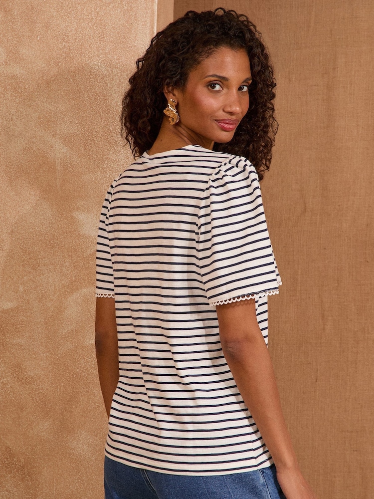 Love & Roses Navy Stripe 100% Cotton Embellished V-Neck T-Shirt - Image 4 of 4