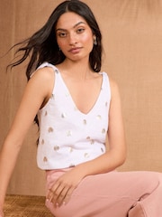 Love & Roses Ivory Tie Shoulder Foil Print 100% Cotton Jersey Vest - Image 1 of 4