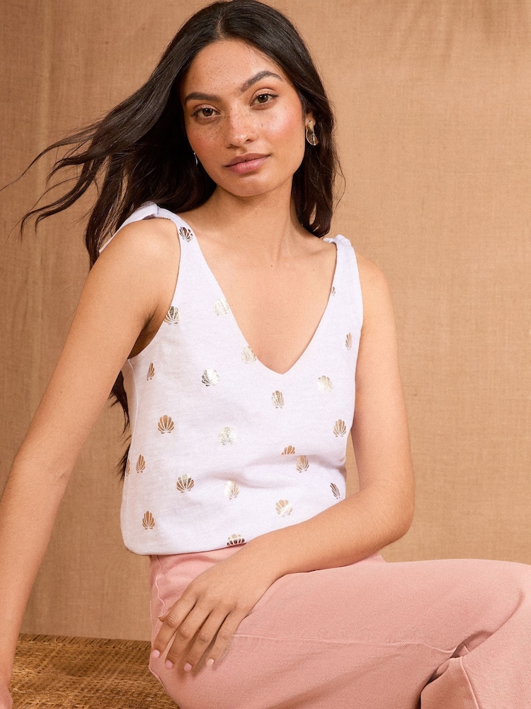 Love & Roses Ivory Tie Shoulder Foil Print 100% Cotton Jersey Vest - Image 1 of 4
