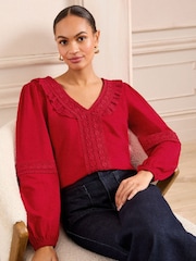 Love & Roses Red Lace Trim 100% Cotton V-Neck Jersey Long Sleeve Top - Image 1 of 4