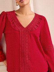 Love & Roses Red Lace Trim 100% Cotton V-Neck Jersey Long Sleeve Top - Image 2 of 4