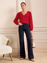 Love & Roses Red Lace Trim 100% Cotton V-Neck Jersey Long Sleeve Top - Image 3 of 4