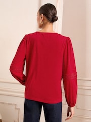 Love & Roses Red Lace Trim 100% Cotton V-Neck Jersey Long Sleeve Top - Image 4 of 4