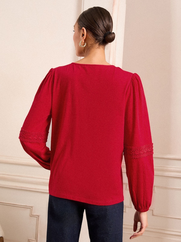 Love & Roses Red Lace Trim 100% Cotton V-Neck Jersey Long Sleeve Top - Image 4 of 4