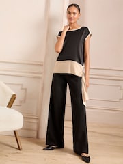 Love & Roses Black and Champagne Tie Side Satin Front Jersey Back Crew Neck Top - Image 4 of 4