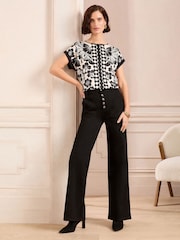 Love & Roses Black/White Print Satin Front Jersey Back Crew Neck Top - Image 2 of 4