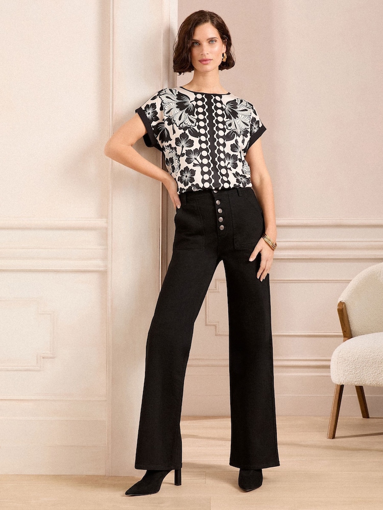Love & Roses Black/White Print Satin Front Jersey Back Crew Neck Top - Image 2 of 4