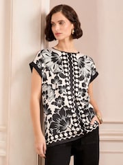 Love & Roses Black/White Print Satin Front Jersey Back Crew Neck Top - Image 3 of 4