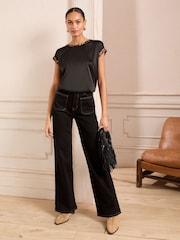 Love & Roses Black and Animal Print Satin Front Jersey Back Crew Neck Top - Image 3 of 4