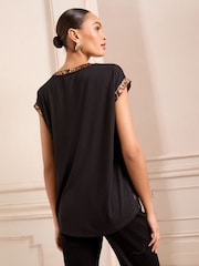 Love & Roses Black and Animal Print Satin Front Jersey Back Crew Neck Top - Image 4 of 4