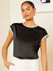 Love & Roses Black Monochrome Satin Front Jersey Back Crew Neck Top - Image 1 of 4