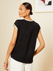 Love & Roses Black Monochrome Satin Front Jersey Back Crew Neck Top - Image 3 of 4