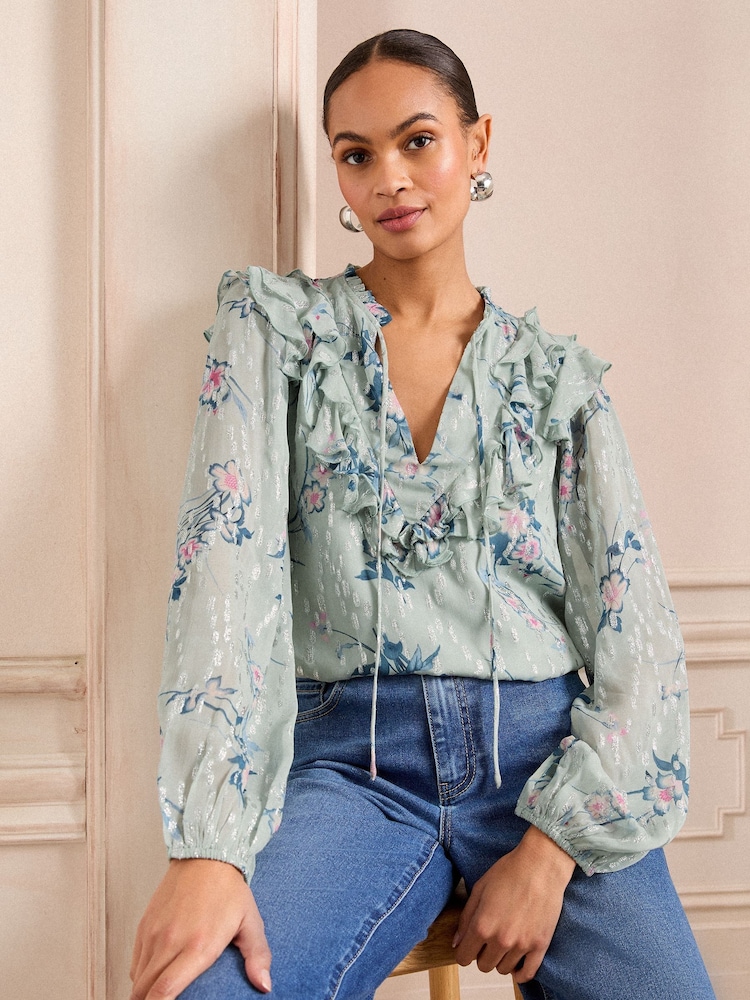 Love & Roses Mint Green Ruffle Tie Neck Long Sleeve Blouse - Image 1 of 5