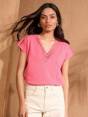 Love & Roses Coral Pink Lace V-Neck 100% Cotton T-Shirt - Image 1 of 5